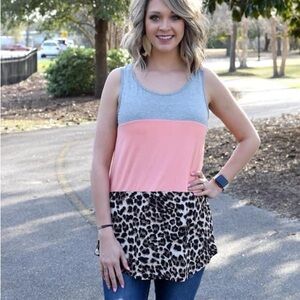 Lovely J Gray, Pink, Leopard color block Print Tank Top crochet & button detail